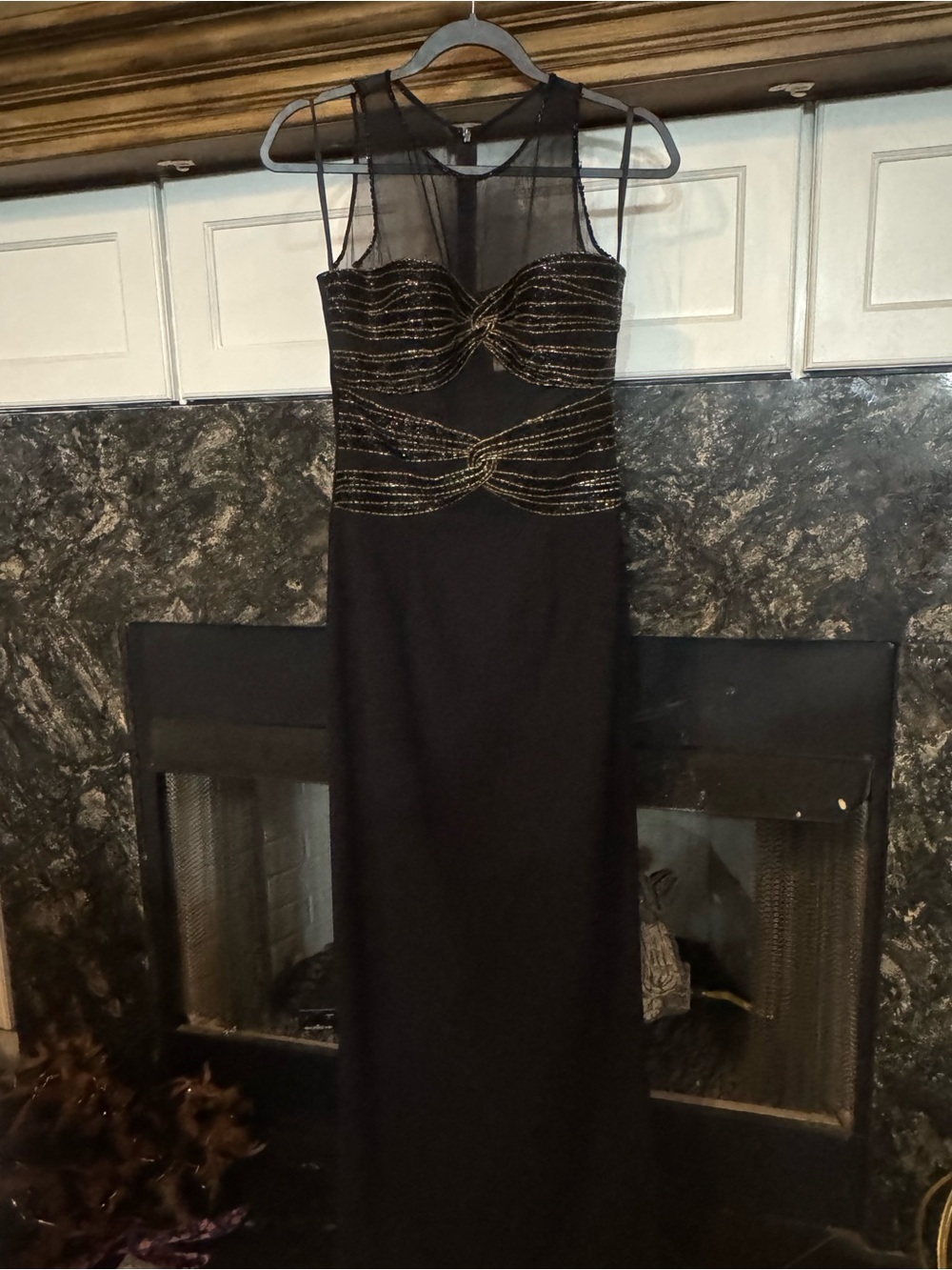 Black Mesh Bodice Evening Gown with Gold Beaded Detail